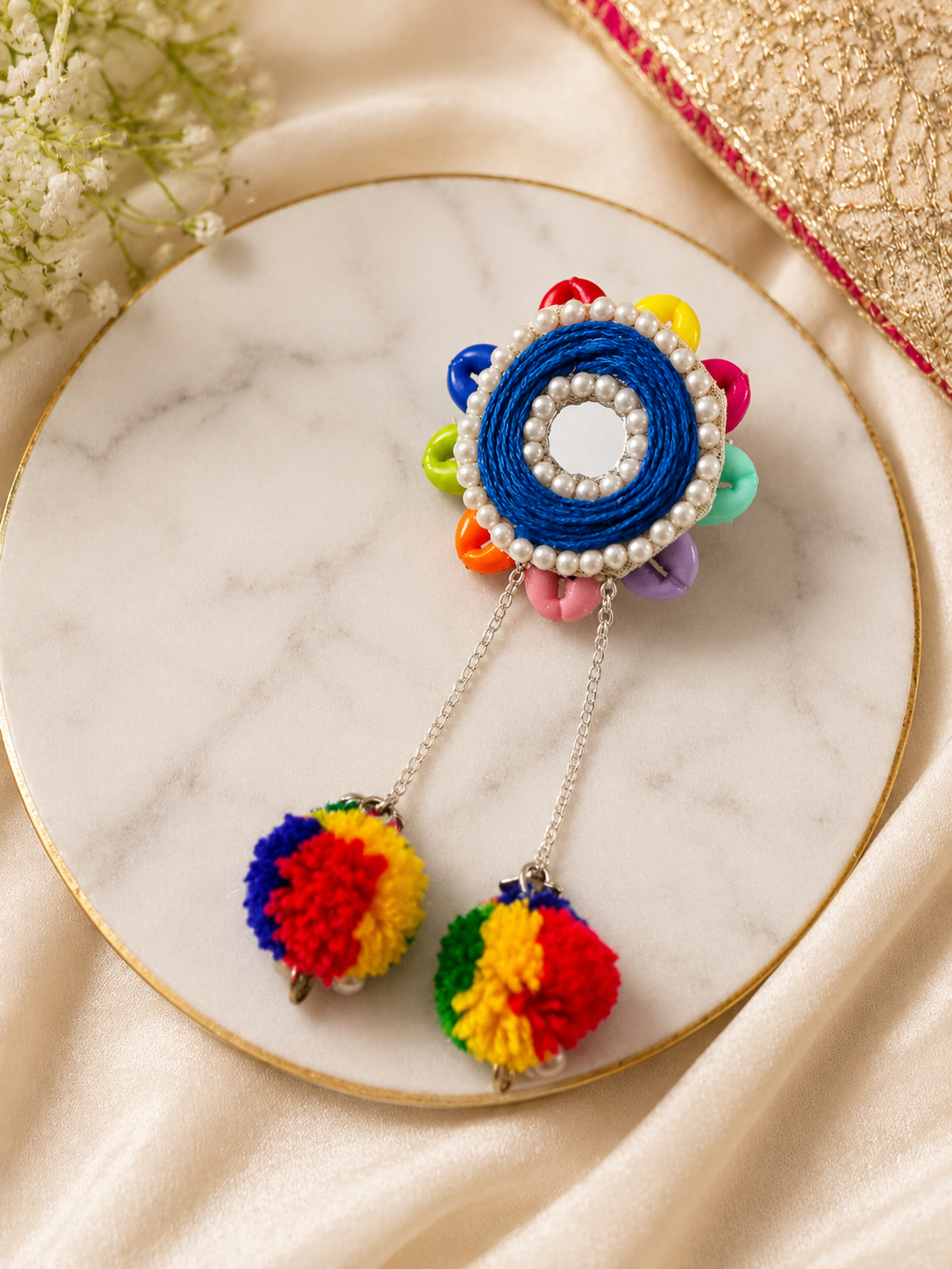 Handmade Multicolor Mirror Pom-Pom Hair Clip | Navratri & Festive Hair Accessory
