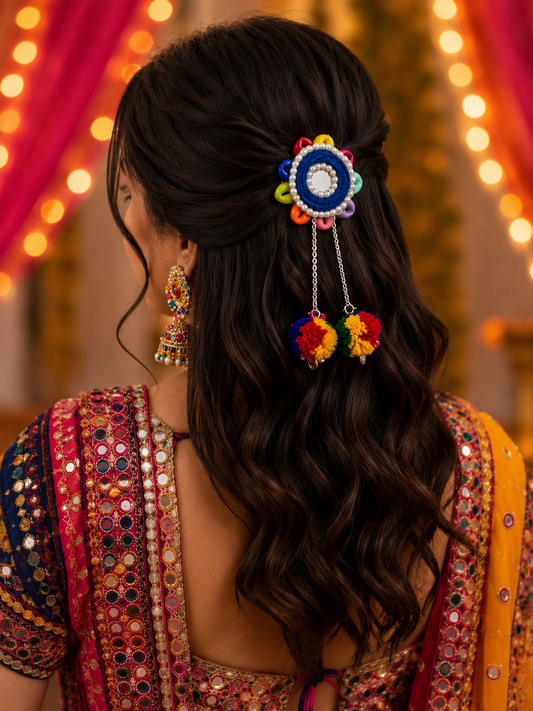 Handmade Multicolor Mirror Pom-Pom Hair Clip | Navratri & Festive Hair Accessory