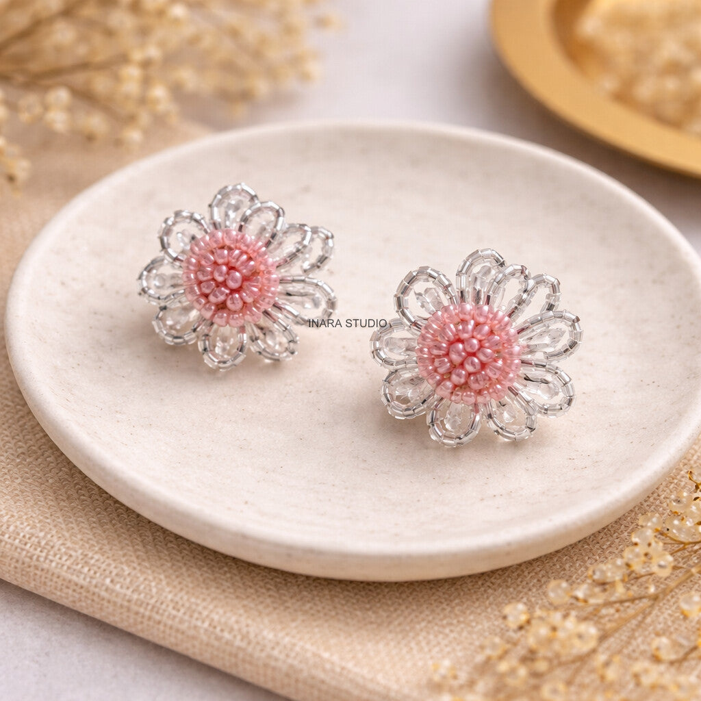 BLUSH BLOOM BEADED FLOWER STUD EARRINGS