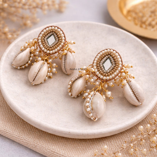IVORY PERAL & COWRIE SHELL STATEMENT CHANDBALI EARRINGS