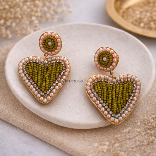 HANDCRAFTED OLIVE GREEN HEART STATEMENT EARRINGS