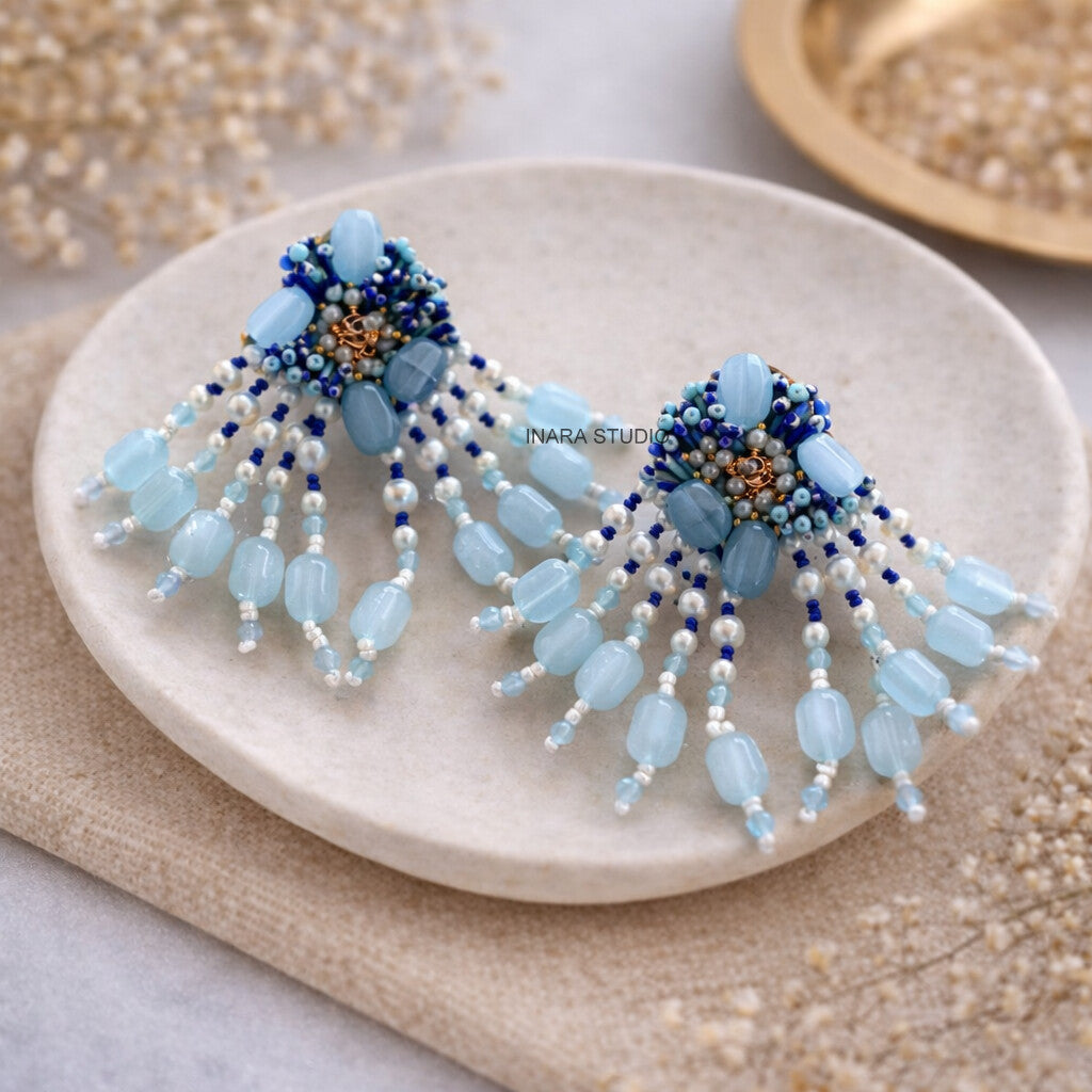 HANDCRAFTED BLUE BEADED FRINGE STATEMENT EARRINGS