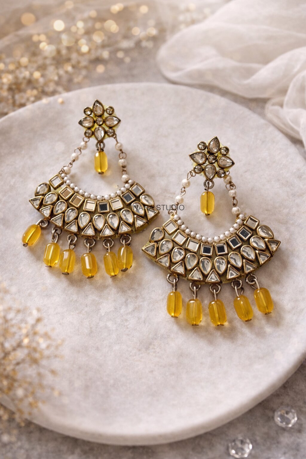 GOLD & MUSTARD BEADED CHANDBALI STATEMENT EARRINGS