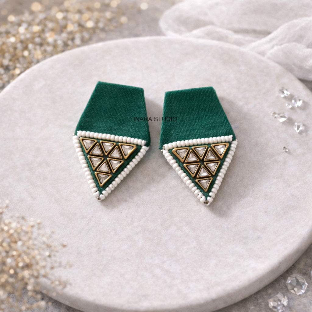 GREEN FABRIC STATEMENT EARRINGS WITH BEAD & MIRROR WORK