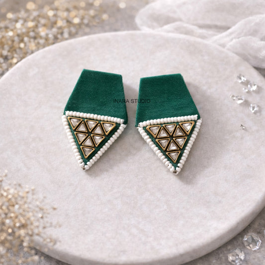 GREEN FABRIC STATEMENT EARRINGS WITH BEAD & MIRROR WORK