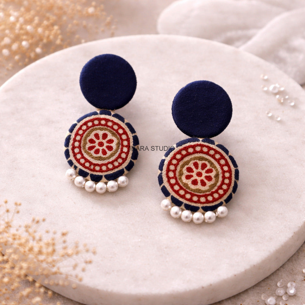 NAVY BLUE FABRIC MANDALA STATEMENT EARRINGS WITH PEARL DROPS