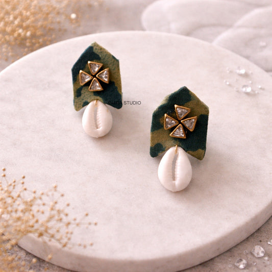 CAMOUFLAGE FABRIC STATEMENT EARRINGS WITH COWRIE SHELL DROP