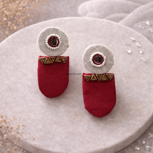 HANDCRAFTED RED & IVORY GEOMETRIC FABRIC STUD ETHNIC EARRINGS