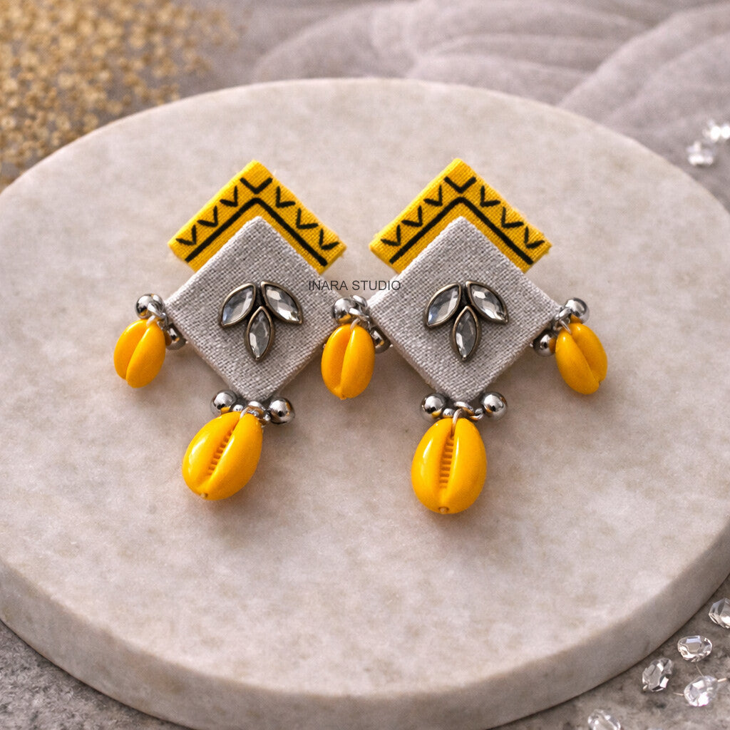 HANDCRAFTED YELLOW FABRIC SHELL DROP EARRINGS