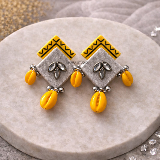 HANDCRAFTED YELLOW FABRIC SHELL DROP EARRINGS