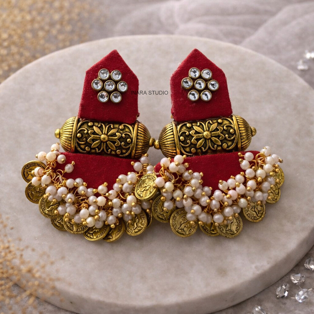RED FABRIC WITH FLORAL BARREL COIN CHARMS STATEMENT EARRINGS
