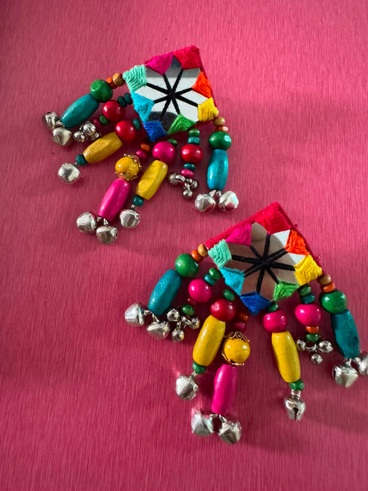 Handmade Multicolor Mirror Ghungroo Earrings | Navratri Boho Statement Earrings
